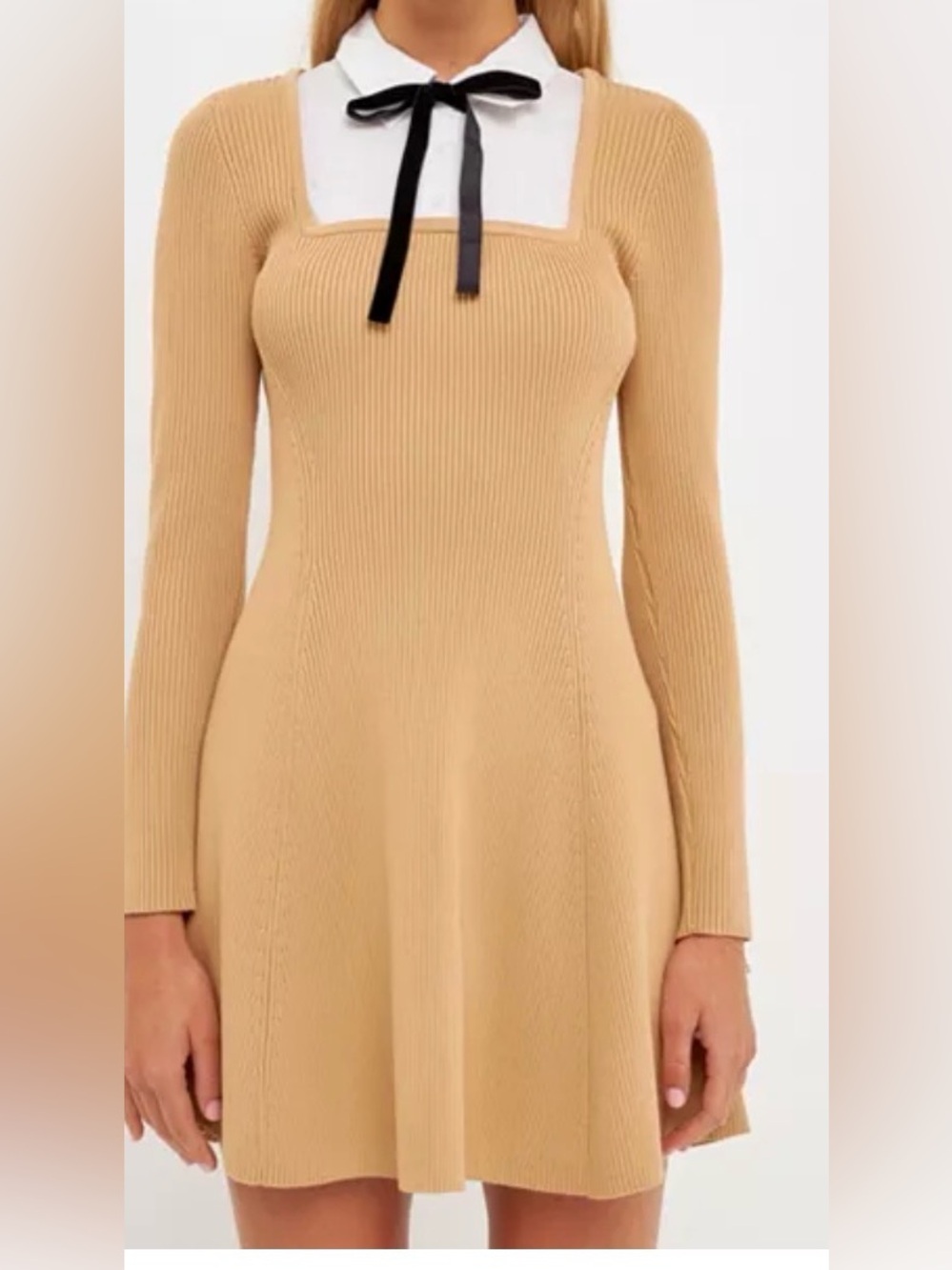 NWT English Factory Beige Mixed Media Fit Flare Layered Sweater Mini Dress M
